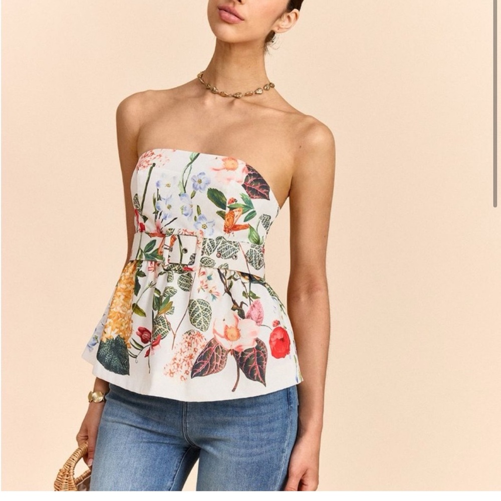 Floral Print Strapless Peplum Top With Belt